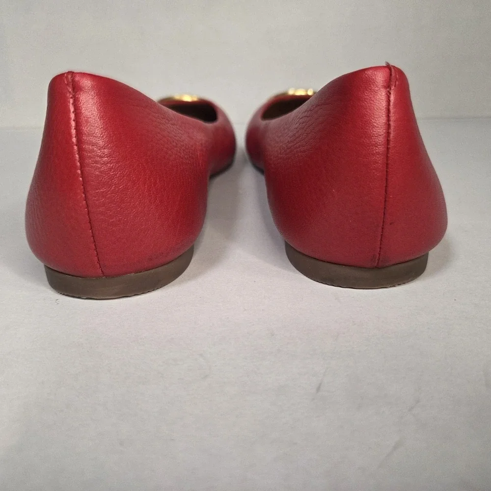 Tory Burch Reva Red Pebbled Leather Ballet Flats Gold Logo Medallion Women's US